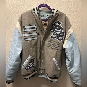 Smoke Rise Mens MCM Wildfire 1991 Studded Wool Varsity Jacket Size XL Grey, Blue